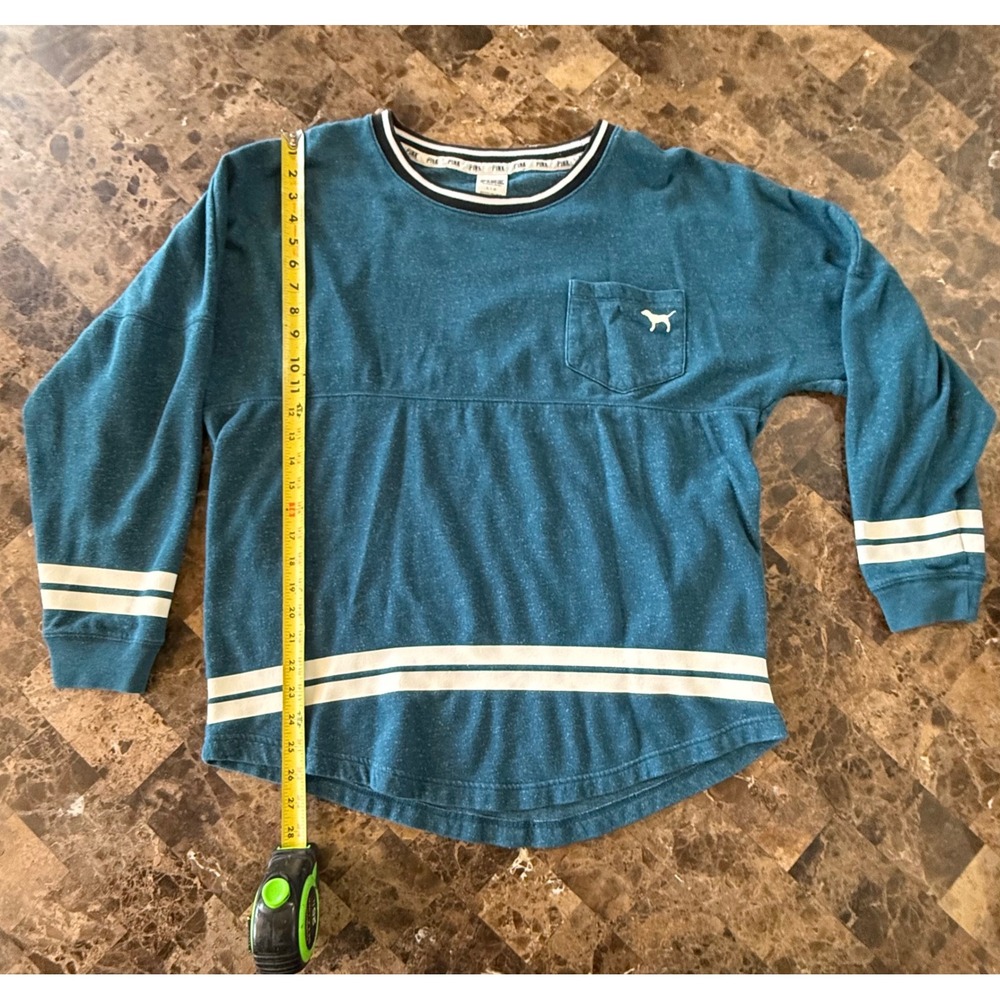 Victoria's Secret PINK Spirit Jersey Top Teal Blue Heathered Logo Pocket Large